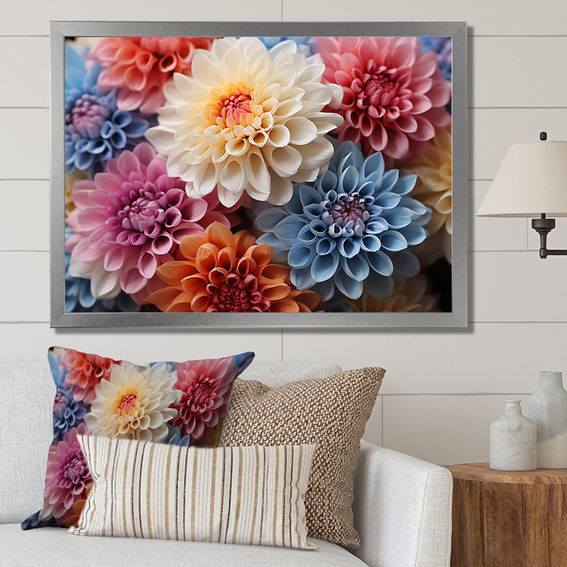 Chrysanthèmes vibrants, collage I, H 16 po x l 32 po x P 1 po, Cadre flottant blanc