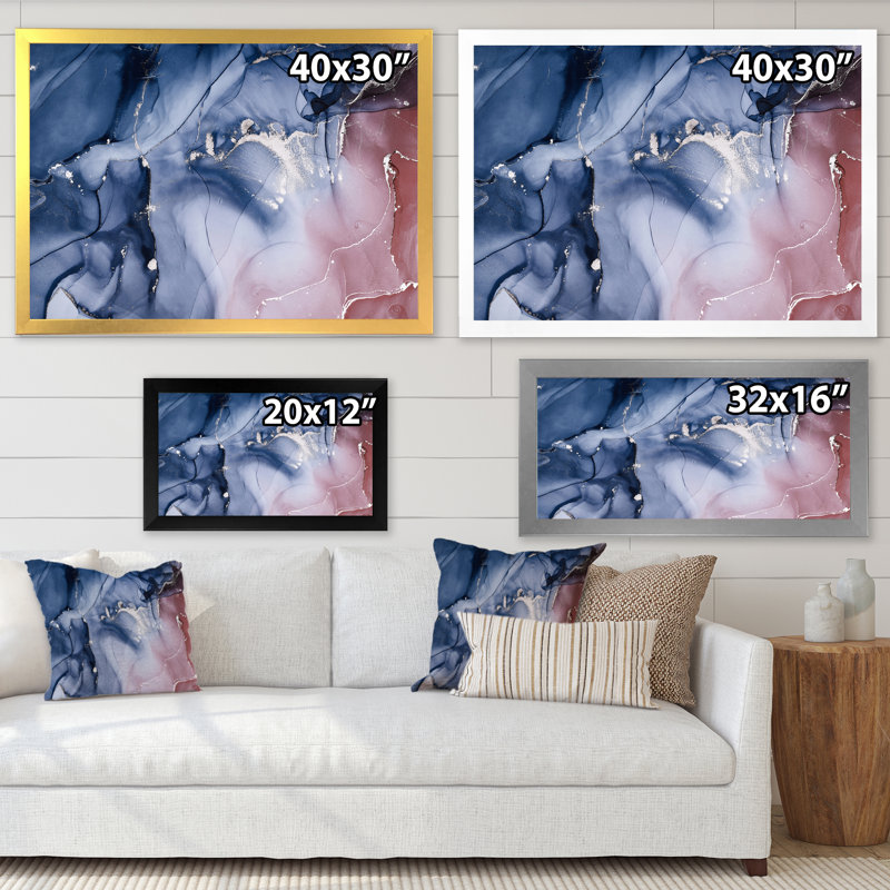 «Blue and Pink Marble Ink Clouds V», peinture sur toile, H 16 po x l 32 po x P 1 po, Cadre doré