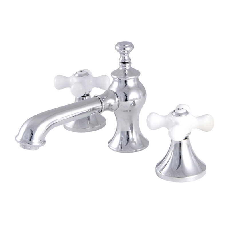 Kingston Brass Vintage Two-Handle 3-Hole Deck Mount Widespread Bathroom Faucet with Brass Pop-Up Drain, Polished Chrome/White
