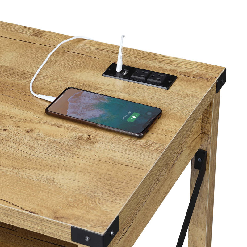 Griffen Writing Desk with Built-In Electrical Outlet, English Oak/Black