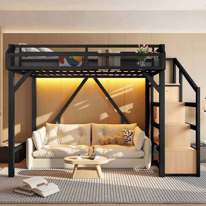 Riott Metal Loft Bed with Storage Stairs, Wardrobe, USB Ports & LED Lighting, Twin, Black/Naural