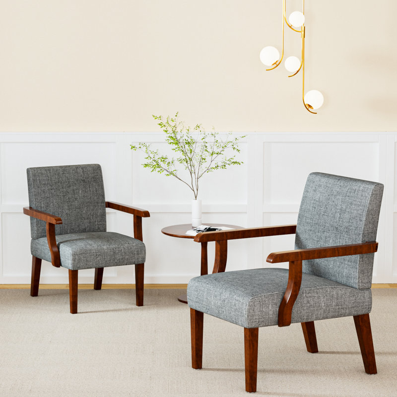 Ensemble de 2 fauteuils d'appoint en tissu avec table ronde en bois, Tissu gris