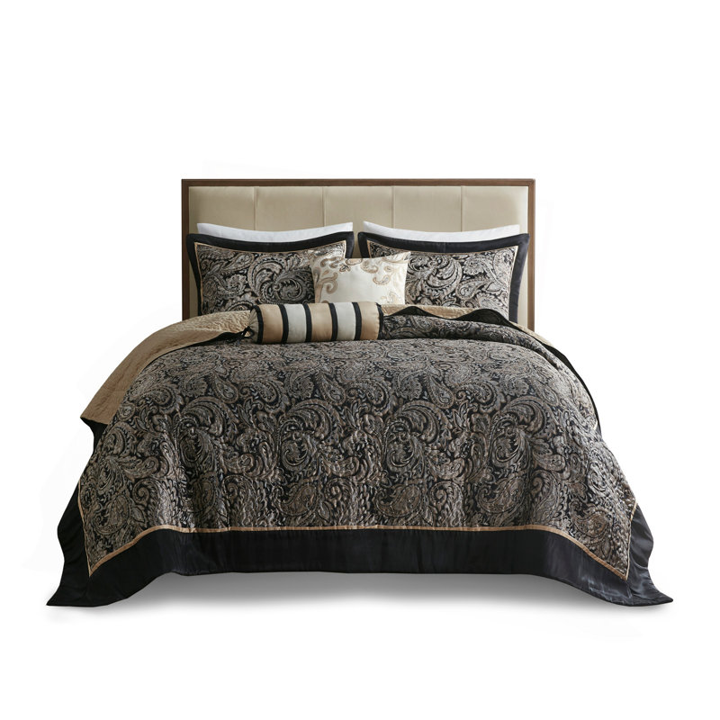 Ensemble de couvre-lit en jacquard 5 pièces avec coussins décoratifs noir très grand, Noir