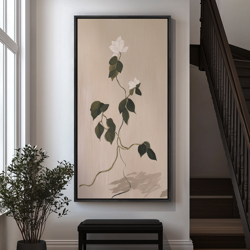Minimaliste fleur blanche sur fond beige neutre - grande impression encadrée sur toile de la chambre principale, Noir