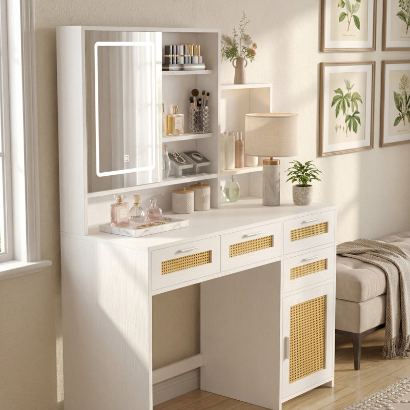 Meuble-lavabo en rotin avec miroir à DEL ouvert, 3 lumières colorées, 4 tiroirs, armoire et tablettes pour la chambre à coucher
