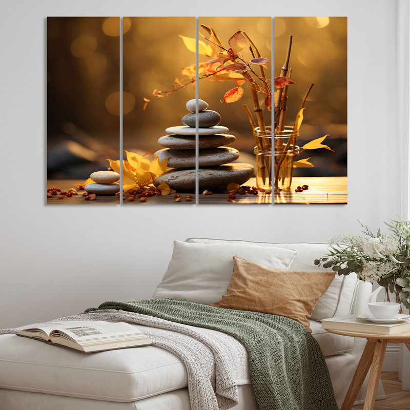 Zen Zen Serenity Cairn Sculpture Balance IV - Art mural sur toile en pierre spirituelle - 4 panneaux