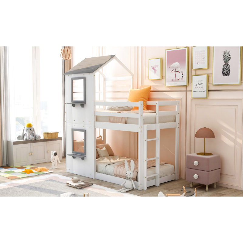 Lit simple au-dessus d'un lit superposé (blanc) - Structure en bois de pin avec garde-corps pour une bonne nuit de sommeil et fenêtre en bois