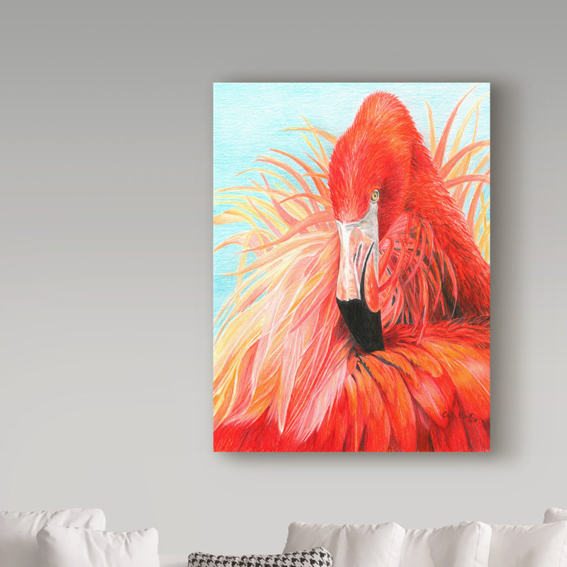 «Red Flamingo on Blue», reproduction de peinture acrylique sur toile tendue, H 19 po x l 14 po x P 2 po