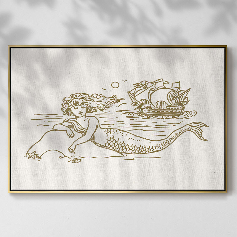 «Sunning Mermaid II», toile tendue avec châssis encadrée, H 27 po x l 41 po x P 2 po, Encadrement doré