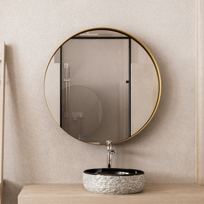 31.5 Inch Round Metal Framed Medicine Cabinet With Mirror And Adjustable Shelves For Bathroom, Matte Gold, Electroplated Finish Surface Mount Gold Shelves, - Fog Feature, Shelf