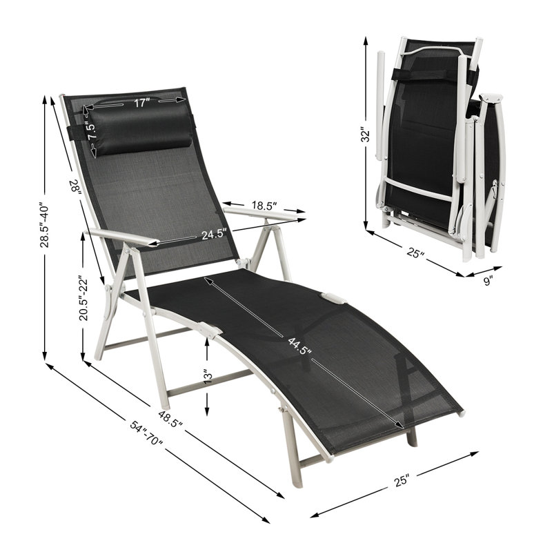 Chaise longue inclinable 70 po avec coussins Vaiga, Noir, Noir, Blanc