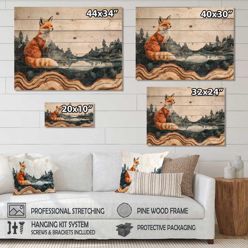 «Silent Fox By The Lake Landscape II», reproduction sur bois d'un animal renard - sur bois de pin naturel, H 30 po x l 40 po