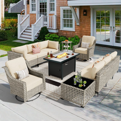 Rattan Outdoor Sofa 11-piece Set With Fire Pit