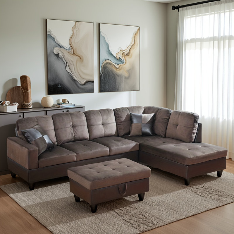 Ensemble de canapé de salon en flanelle brun foncé et en PVC (3 pièces S + C + O) avec repose-pieds