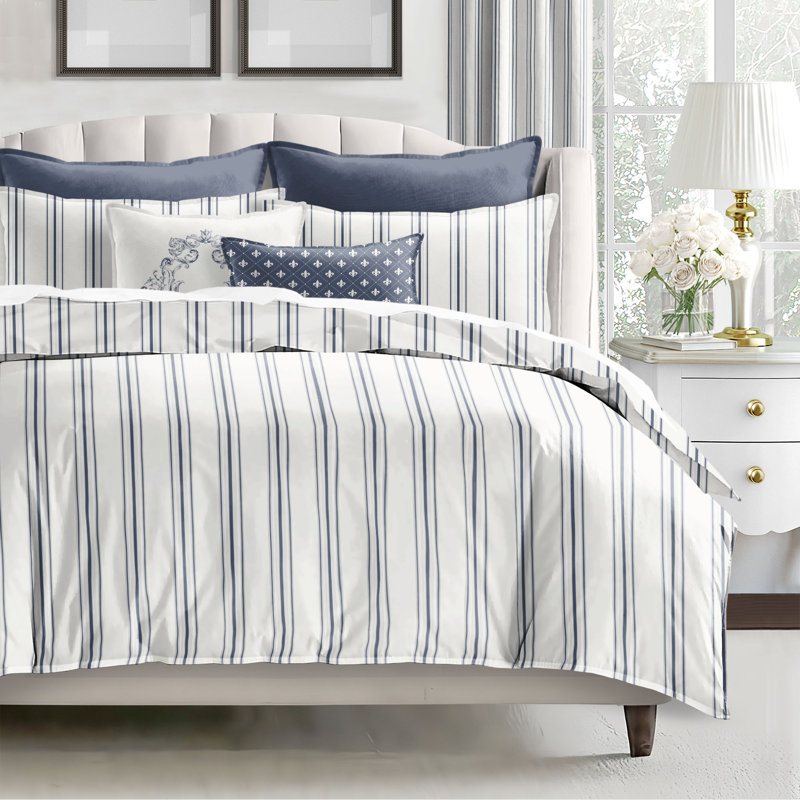 August Stripe Reversible Cotton Duvet Cover Set, Denim, Twin Duvet Cover + 2 Standard Shams