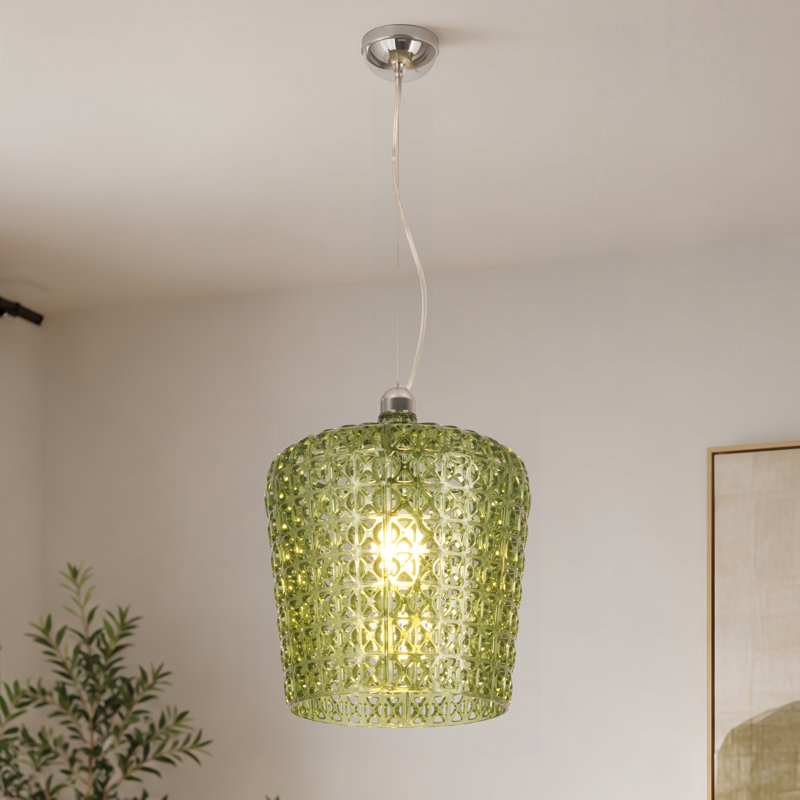 11.81in Green Hollow Pendant Light, Adjustable Cord, E26 Warm Bu
