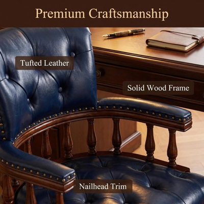 Fauteuil de direction en cuir de style rétro, fauteuil de bureau ergonomique avec base en bois massif, fauteuil d'ordinateur avec support lombaire rembourré