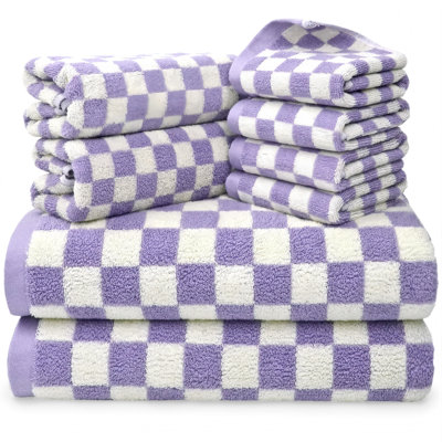 Cotton Towels And Washcloths Sets, Cute Checkered Bathroom Towels Set, Luxury Soft Absorbent Lightweight Towel,8 Piece(Lilac)