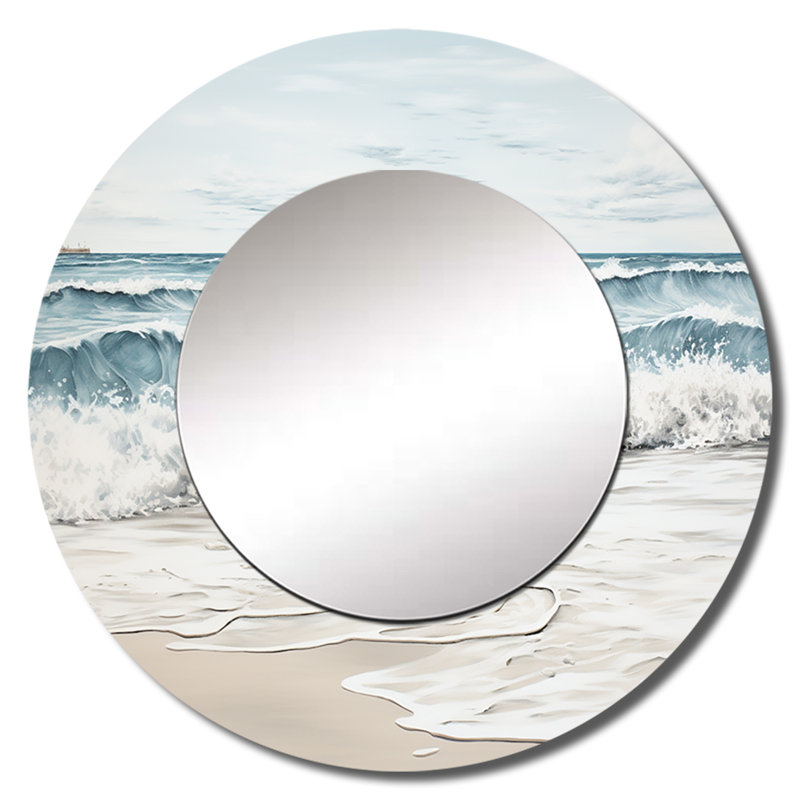 Semhar Beach Minimalisme paysage III - grand miroir de plage, décor de miroir mural rond gris unique, impression d'art en métal