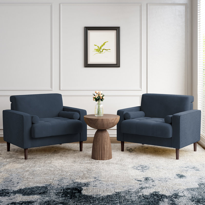 Iliana 34.6'' Wide Square Arm Tufted Club Chair with 2 Pillows, Navy Blue Corduroy