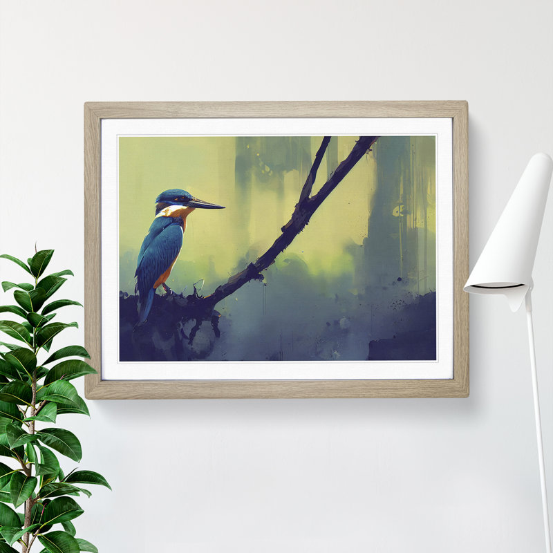 Kingfisher Bird Vol.2 - Single Picture Frame Painting, 25cm H x 34cm W x 2cm D, Oak