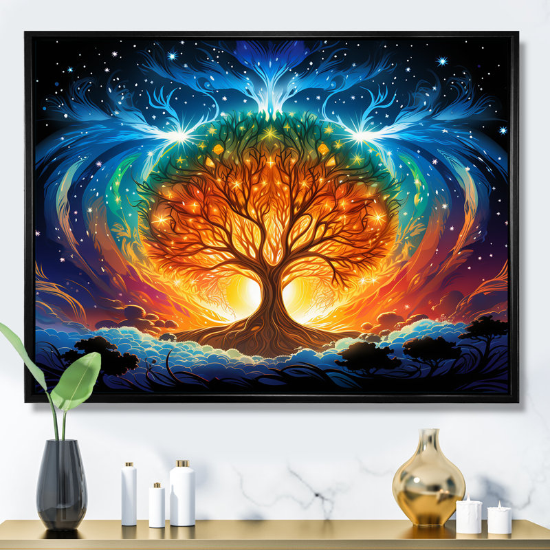 Arbre de vie bleu et orange - art mural arbre, H 30 po x l 40 po x P 1,5 po, Cadre flottant noir