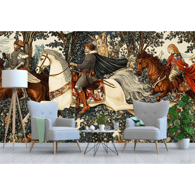 Medieval Knight Tapestry Style Wallpaper Mural – Vintage Storybook Wall Art With Horse Riders And Regal Detail For Living Room, Library, Or Study Accent Walls