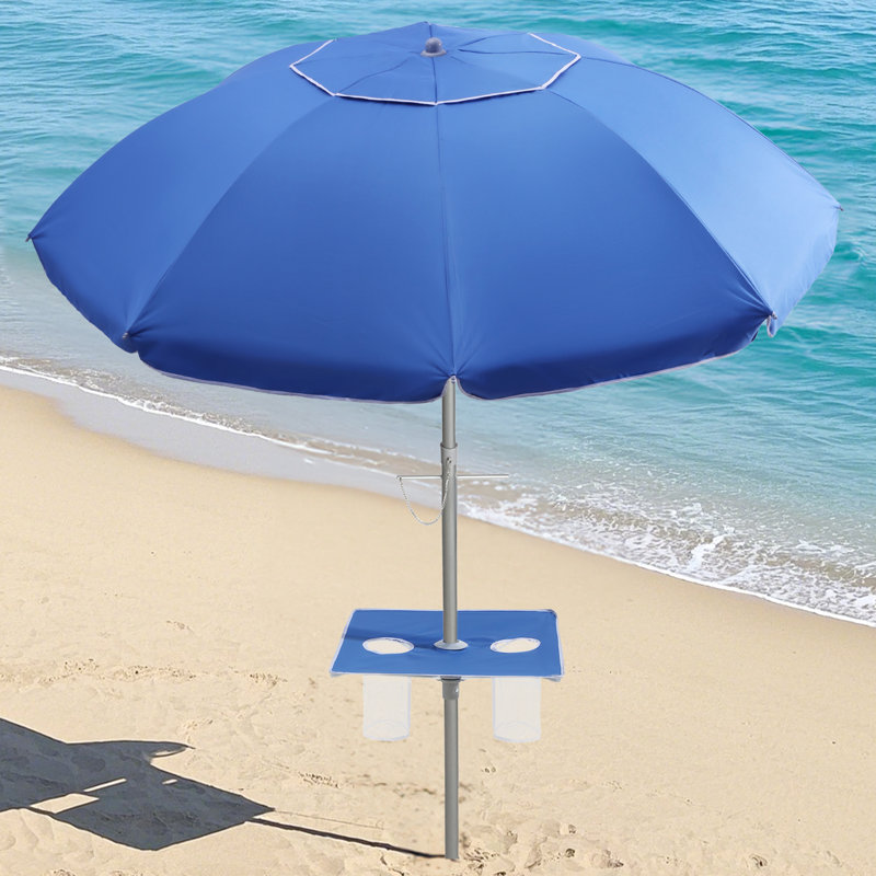 Parasol de plage de 84 po avec table intégrée avec ancre de sable et inclinaison, Bleu