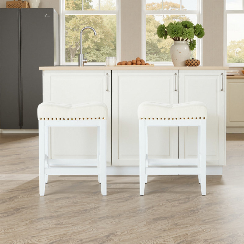 24 Inch Barstools Wood Kitchen Counter Height Bar Island Stools With Saddle Seats Backless, Cream/White, 3