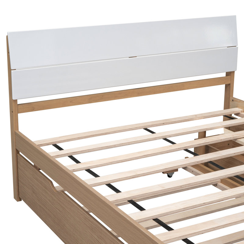 Structure de lit double avec lit gigogne simple et 2 tiroirs de rangement pratiques en chêne blanc ultrabrillant de couleur moderne. Matériaux pour la durabilité. Conception de l'espace. Assemblage facile