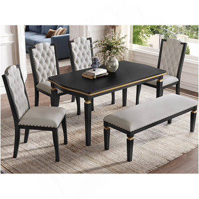 Ensemble de table de salle à manger 6 pièces, table rectangulaire de 60 po, 4 chaises capitonnées à dossier haut et 1 banc pour la salle à manger et la cuisine (noir)