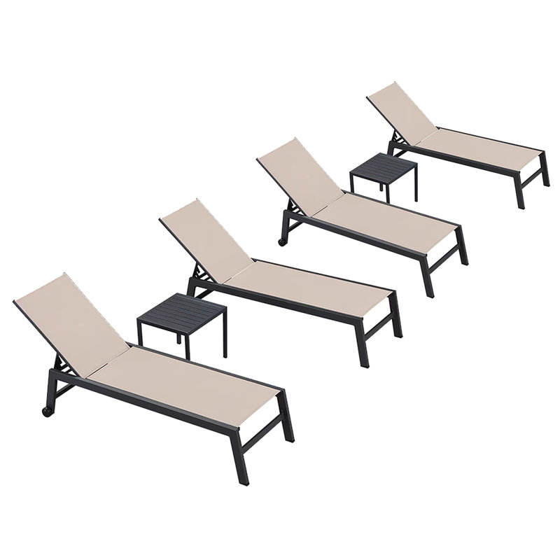 Latitude Run Outdoor Rust-Resistant Metal Chaise Lounge with Table, Beige