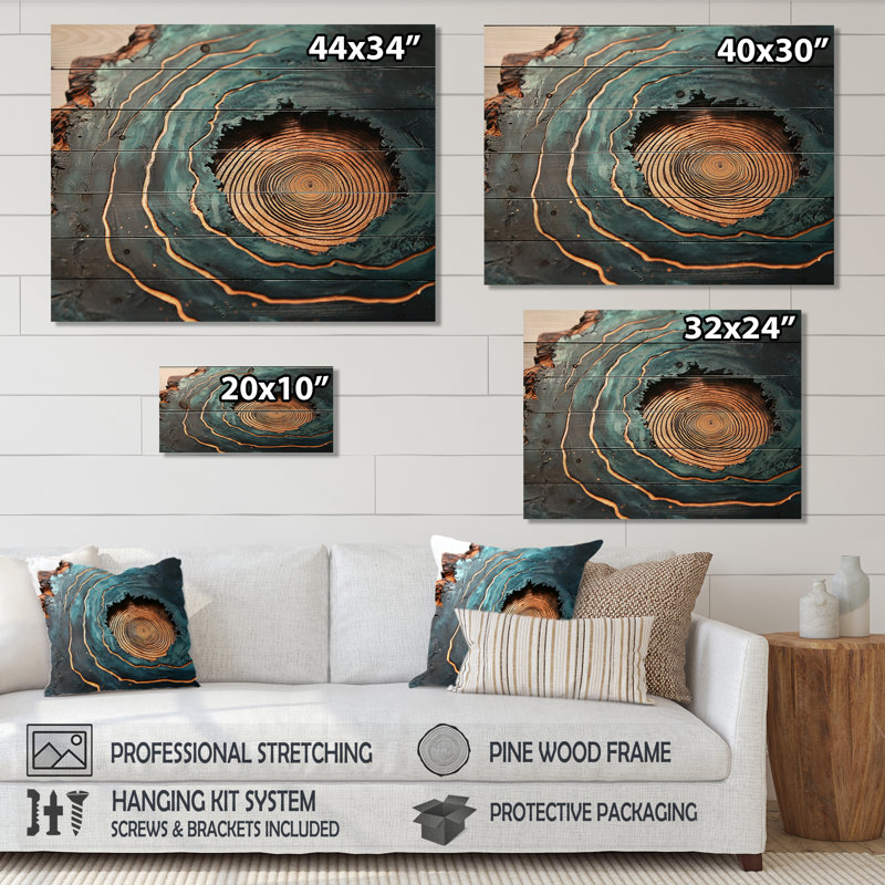 Stone Emerald Wood Slide Reverie II - Tree Wood Wall Decor - On Natural Pine Wood, 30" H x 40" W x 0.78" D