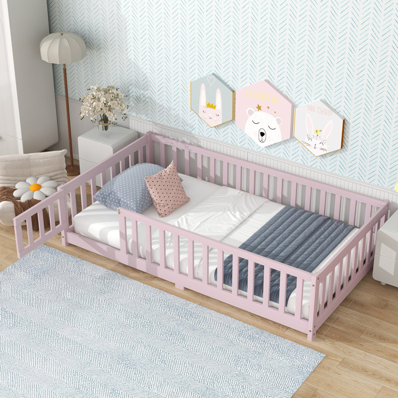 Twin Size Floor Bed With Fence And Door,Rubber Wood Floor Bed With Safety Guardrails,Pink, Pink