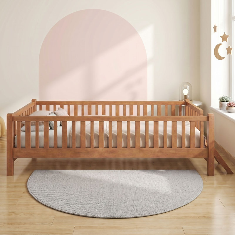Lit plateforme simple en bois avec garde-corps, Noyer