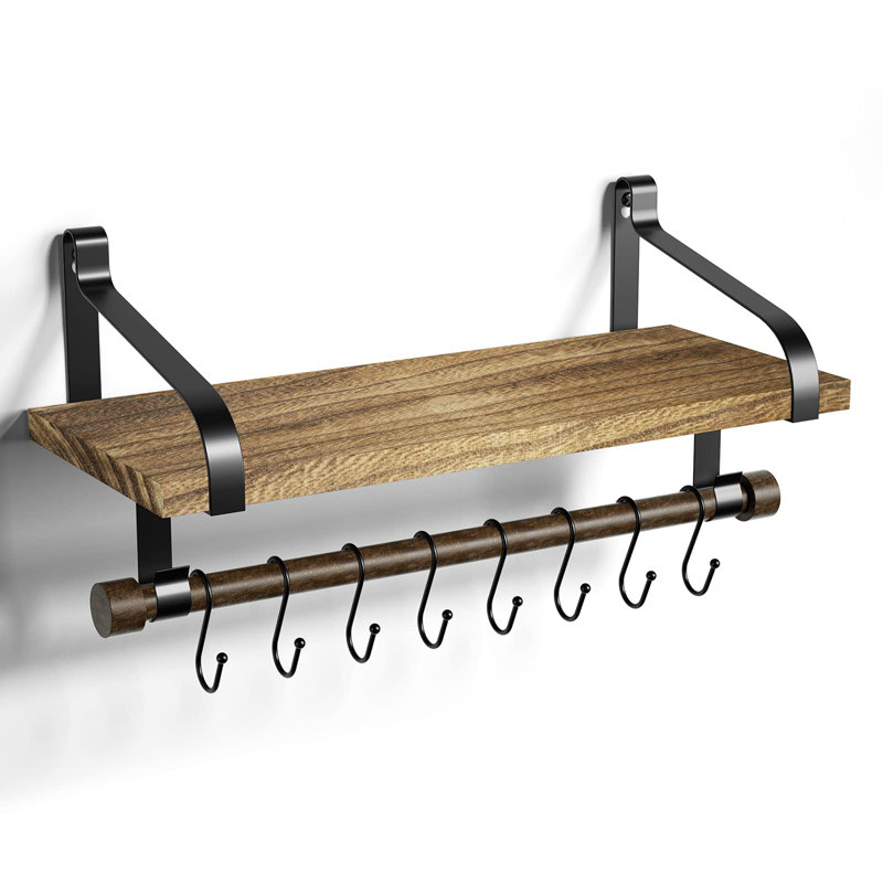 Floating Shelf Wall Shelf For Storage Rustic Wood Kitchen Spice Rack With Towel Bar And 8 Removable Hooks For Organize Cooking Utensils Or Mugs Carbonized Black