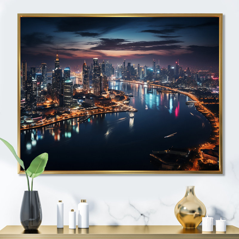 Thailande, paysage urbain, lueur I, H 34 po x l 44 po x P 1,5 po, Cadre flottant doré