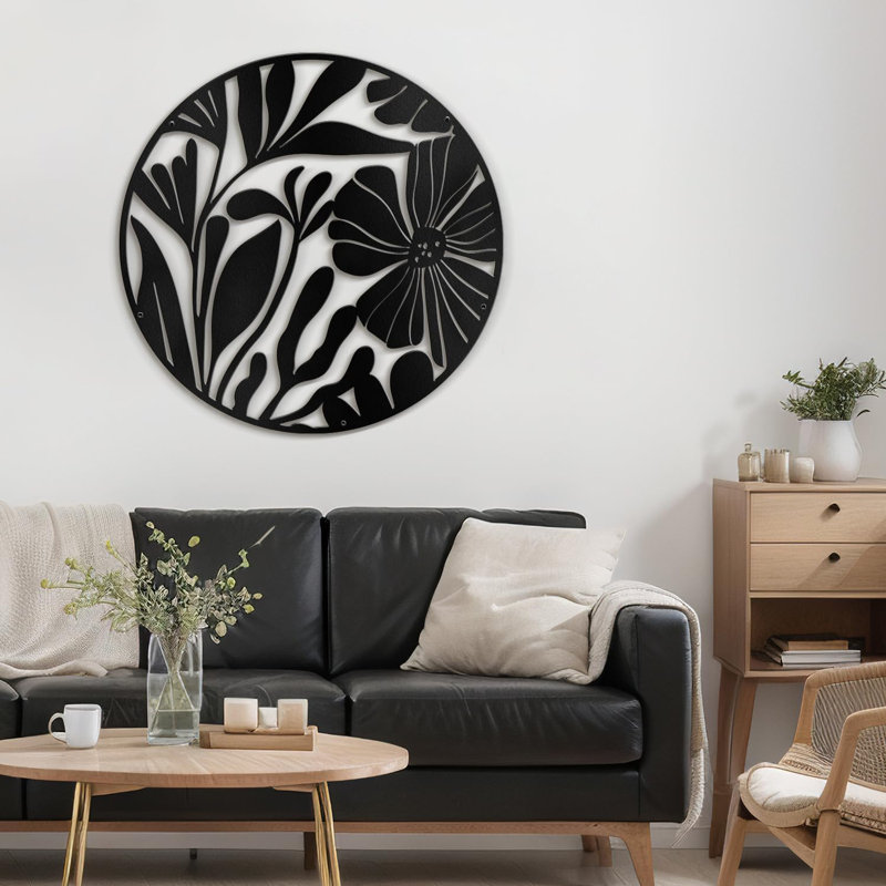 Décoration murale ronde en métal botanique, H 36 po x l 36 po x P 0,05 po, Noir