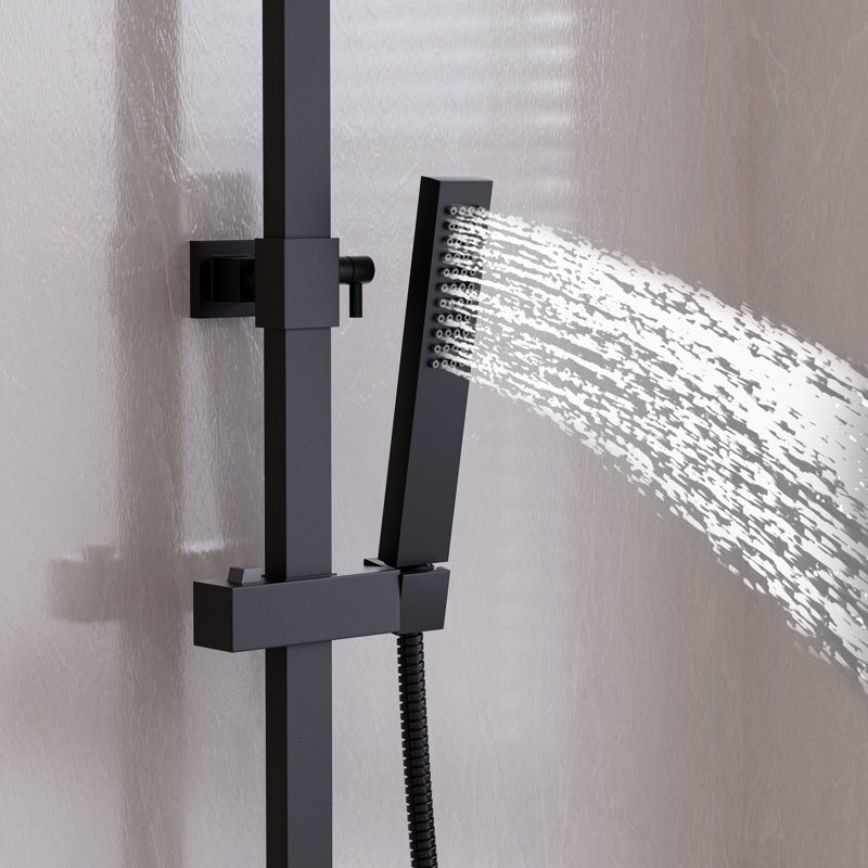 Système de douche 3 fonctions noir mat avec pomme de douche carrée effet pluie de 25 cm, douchette à main et bec de baignoire en laiton massif, certifié CUPC et NSF, ensemble complet de robinetterie de douche murale de 6,8 l/min