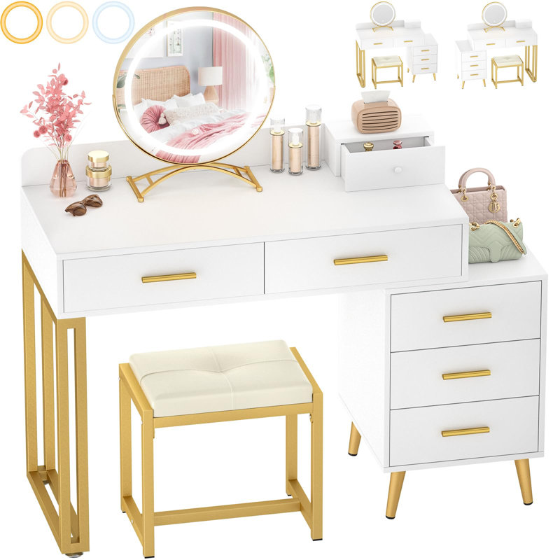 Grosmark Makeup Vanity Desk with Stool and LED Mirror, White/Gold