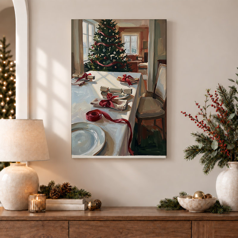 Table de salle à manger d'intérieur avec arbre et ruban rouge, art mural sur toile de Noël, 30"H x 20"W