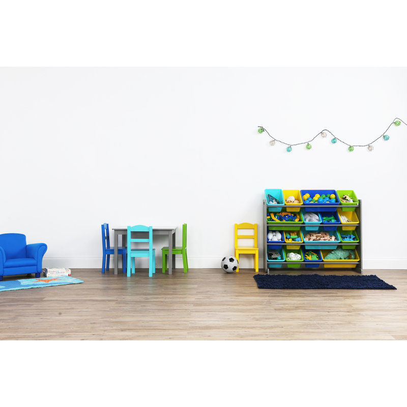 Kids 5 Piece Rectangular Play Or Activity Table and Chair Set, Grey/Green/Yellow/Blue