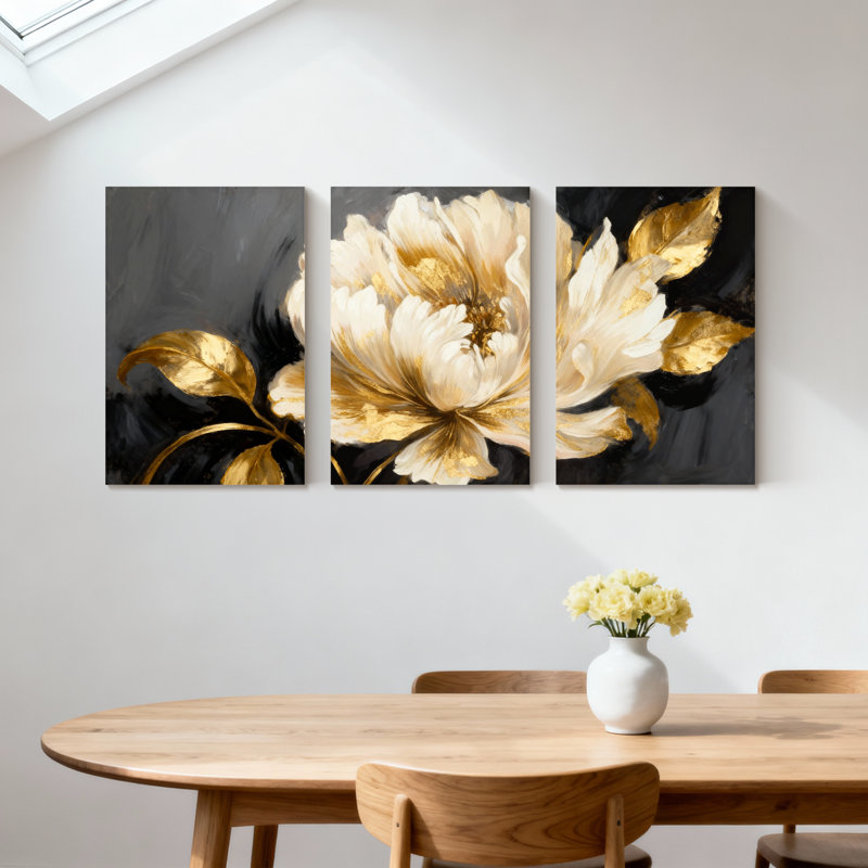 Pivoine fleur dorée sur fond foncé, ensemble de 3 impressions sur toile, H 36 po x l 72 po