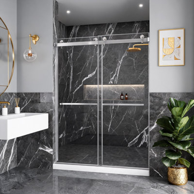 56 inch to 60 inch Brushed Nickel Frameless Double Sliding Shower Door with 3/8 inch Thick Tempered Safety Glass and Stainless Steel Frame