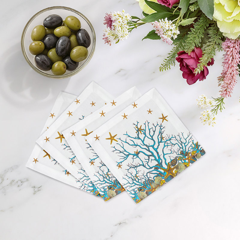 Serviettes de table en satin de coton Coral Reef, Blanc, turquoise
