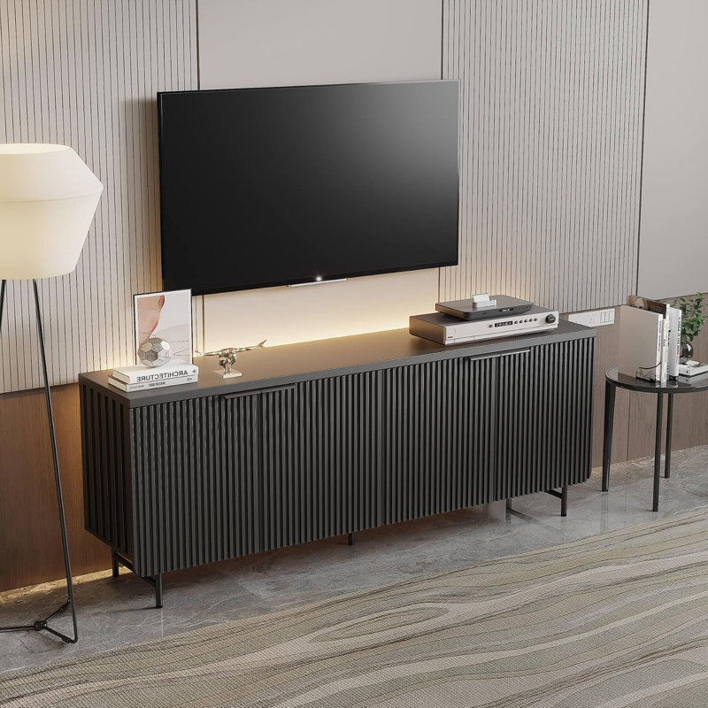 Mid-Century Modern TV Stand for 65, 70 Inch TV, Vintage Entertainment Center with 4 Adjustable Shelves ,68'' -Door LED Media Console for Living Room Bedroom, 7 Dynamic Modes, Sturdy Metal Legs
