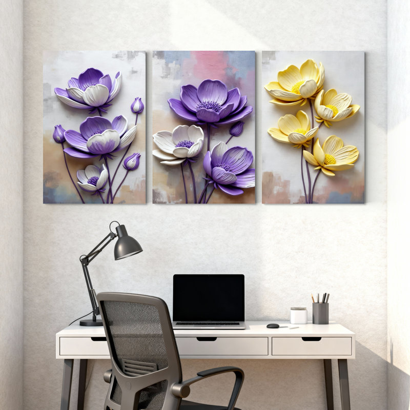Ensemble de 3 tableaux muraux sur toile à motifs floraux violets et jaunes, H 30 po x l 60 po