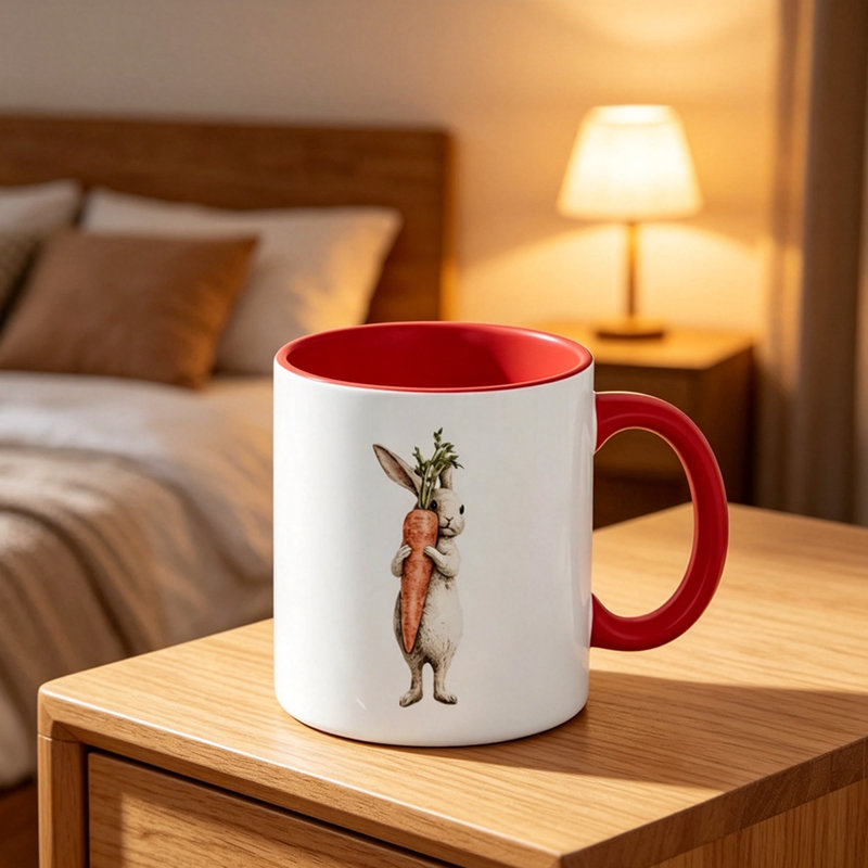Cute Ceramic Mug with Rabbit Holding Carrot And Greens - Perfect Gift for Mom on Easter.