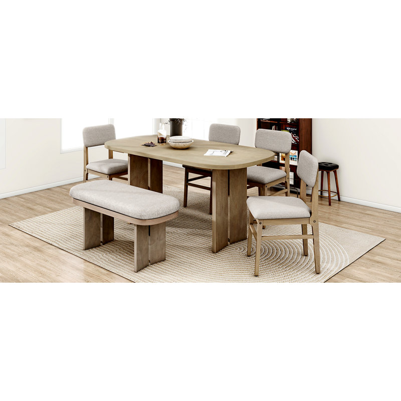 Solid Wood Dining Table Set With Bench - 6-Piece Upholstered Rectangular Dining Room Table Set With Bench, Brown/Beige
