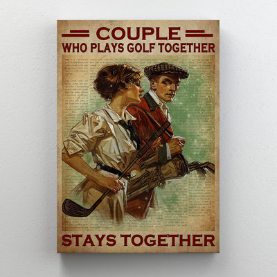 Couple Playing Golf Together Stays Together Gallery Wrapped Canvas - Sports And Partner Illustration Decor, Brown And Red Corridor Decor